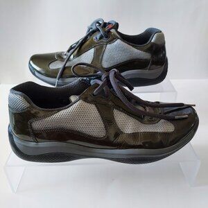 Prada America’s Cup Original Dark Green Patent Leather Tie Shoes Sneaker’s 7.5